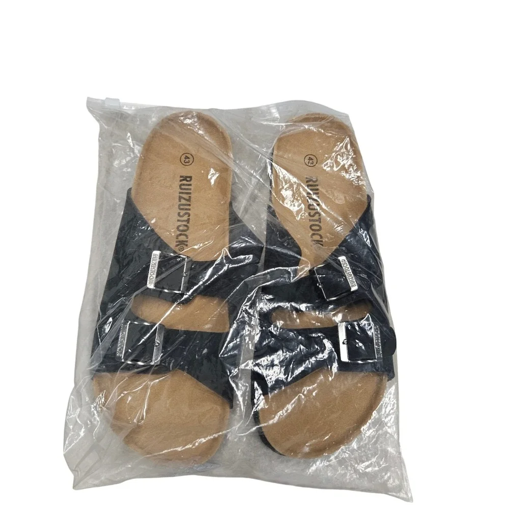 Ruizustock Sandals Mens 43 Black Double Strap Buckle Slide Comfort Cork Footbed